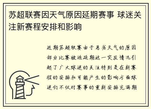 苏超联赛因天气原因延期赛事 球迷关注新赛程安排和影响