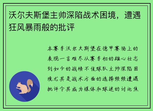 沃尔夫斯堡主帅深陷战术困境，遭遇狂风暴雨般的批评